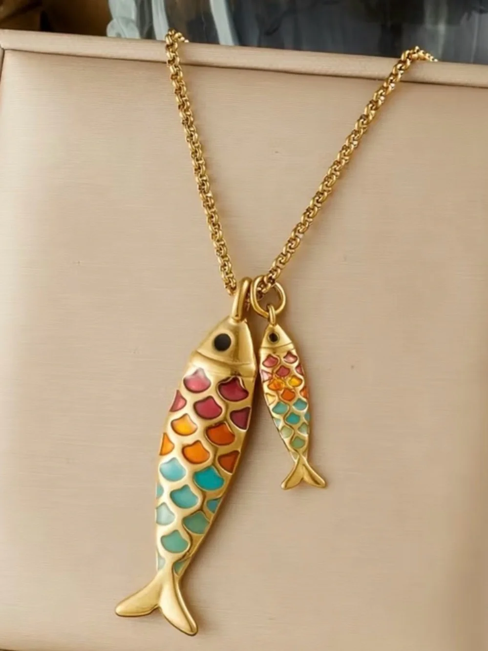 Gold Fish Pendant Necklace with Multicolor Enamel Scales - Pets Fish